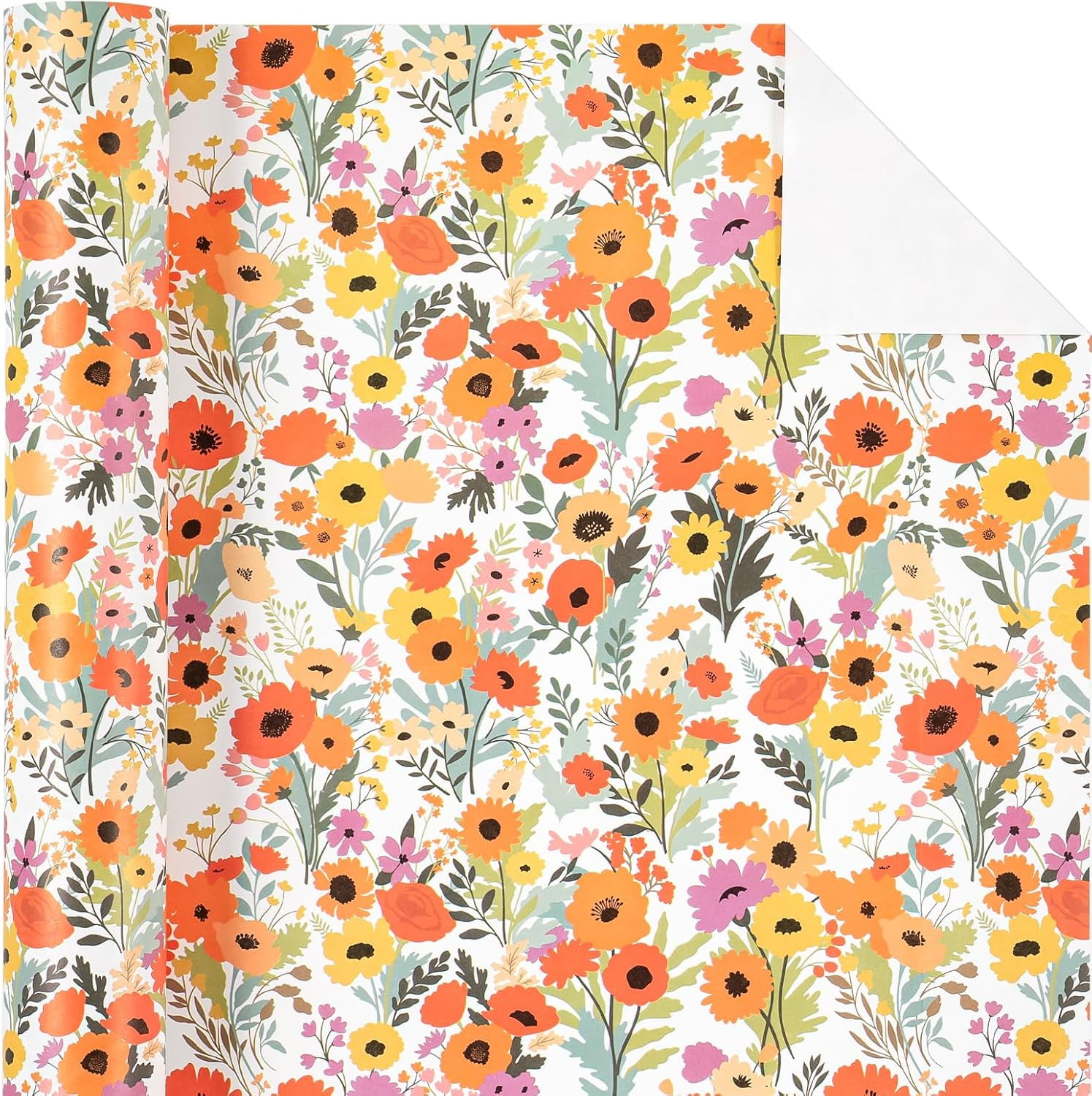 AllWays Plaza Kraft Floral Wrapping Paper Roll - Mini Roll - 17 Inch x 33 Feet - Bright Summer Flower Wrapping Paper, Perfect for Wedding, Birthday, Bridal Shower, Tea Party