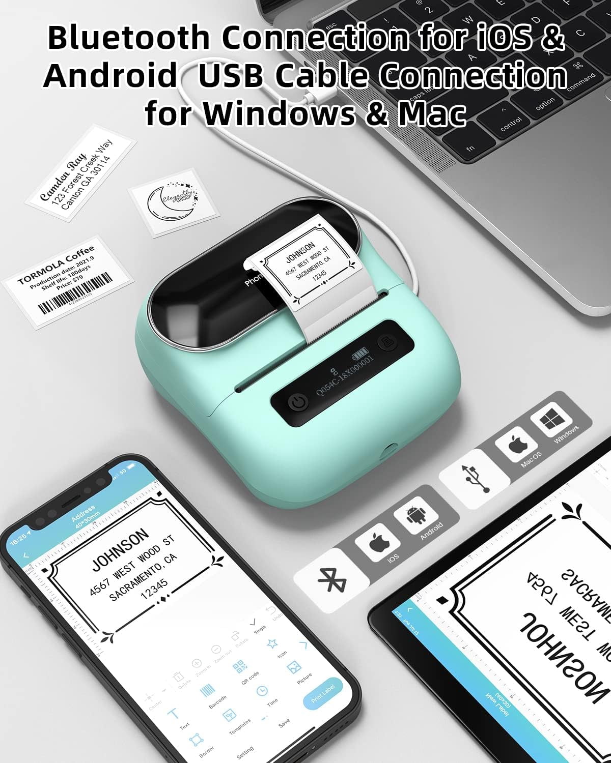 Phomemo M220 3.14 Inch Portable Bluetooth Thermal Label Maker - Support 20-80mm Width Label for Clothing, Mailing, and Address Labels - Compatible with Phone and Laptop (Green)