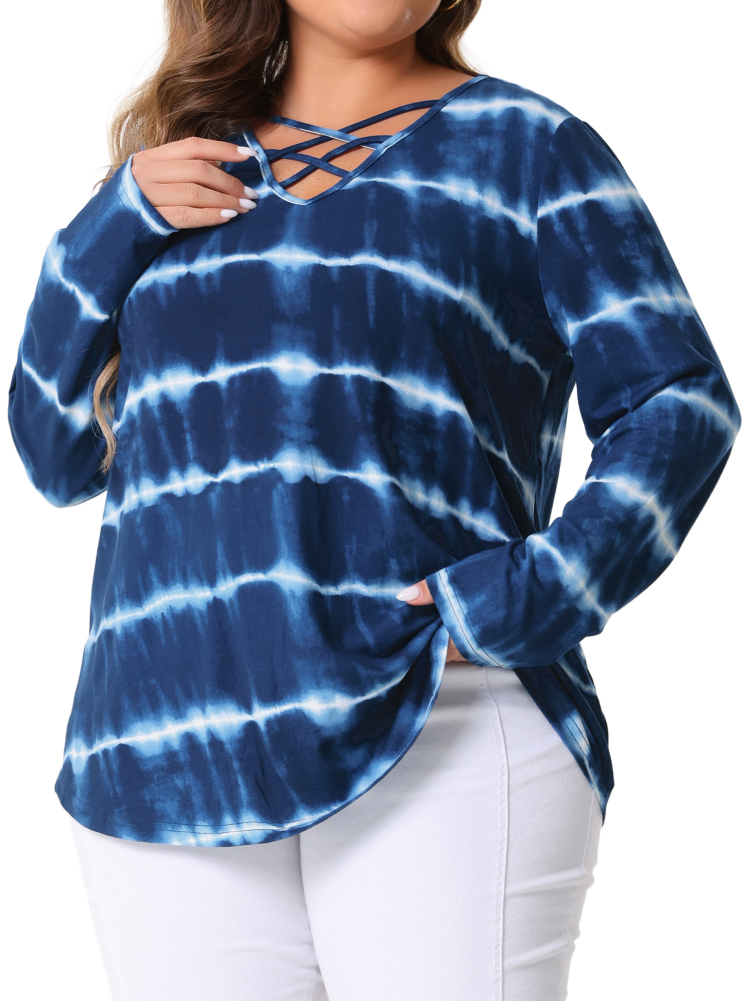 DARING DIVA Women's Plus Criss Cross V Neck Tie Dye Blouse 4X Blue