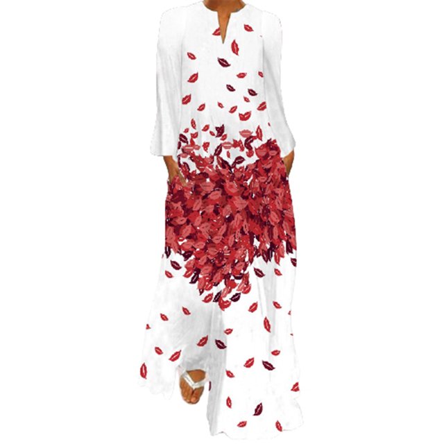 Vestido Largo Con Cuello en V Suelto de Manga Larga Con Estampado de Labios Rojos de Estilo Retro Para Mujer Odeerbi ODB114227