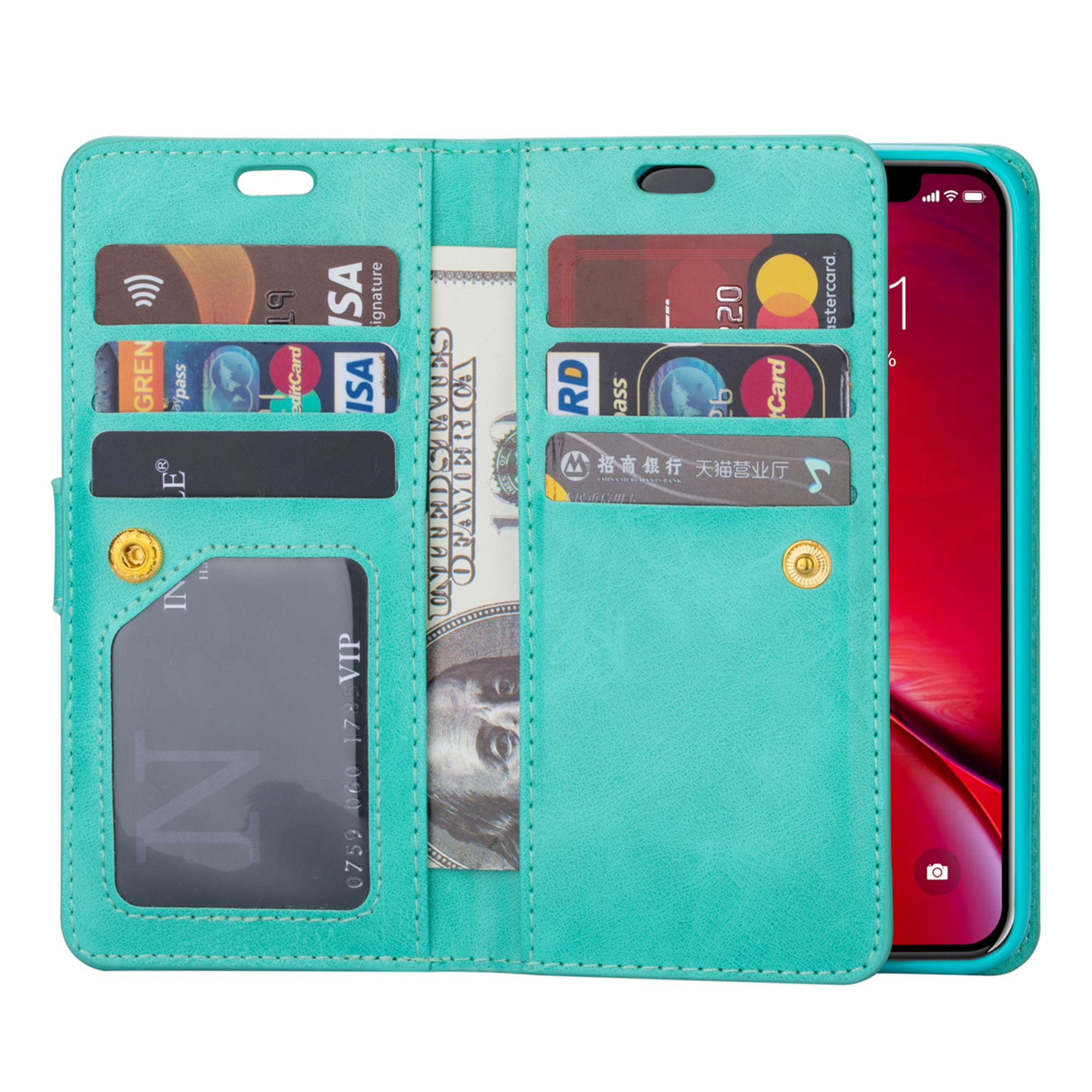 iPhone 11 Pro Max 6.5 inch Wallet Case, Dteck 9 Card Slots Premium Leather Zipper Purse case Flip Kickstand Folio Magnetic with Wrist Strap Credit Cash Cover For Apple iPhone 11 Pro Max, Mint - image 4 of 7