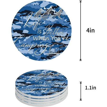 

KXMDXA Camper Moon and Mountain Peak Blue Camouflage Set of 6 Round Coaster for Drinks Absorbent Ceramic Stone Coasters Cup Mat with Cork Base for Home Kitchen Room Coffee Table Bar Decor