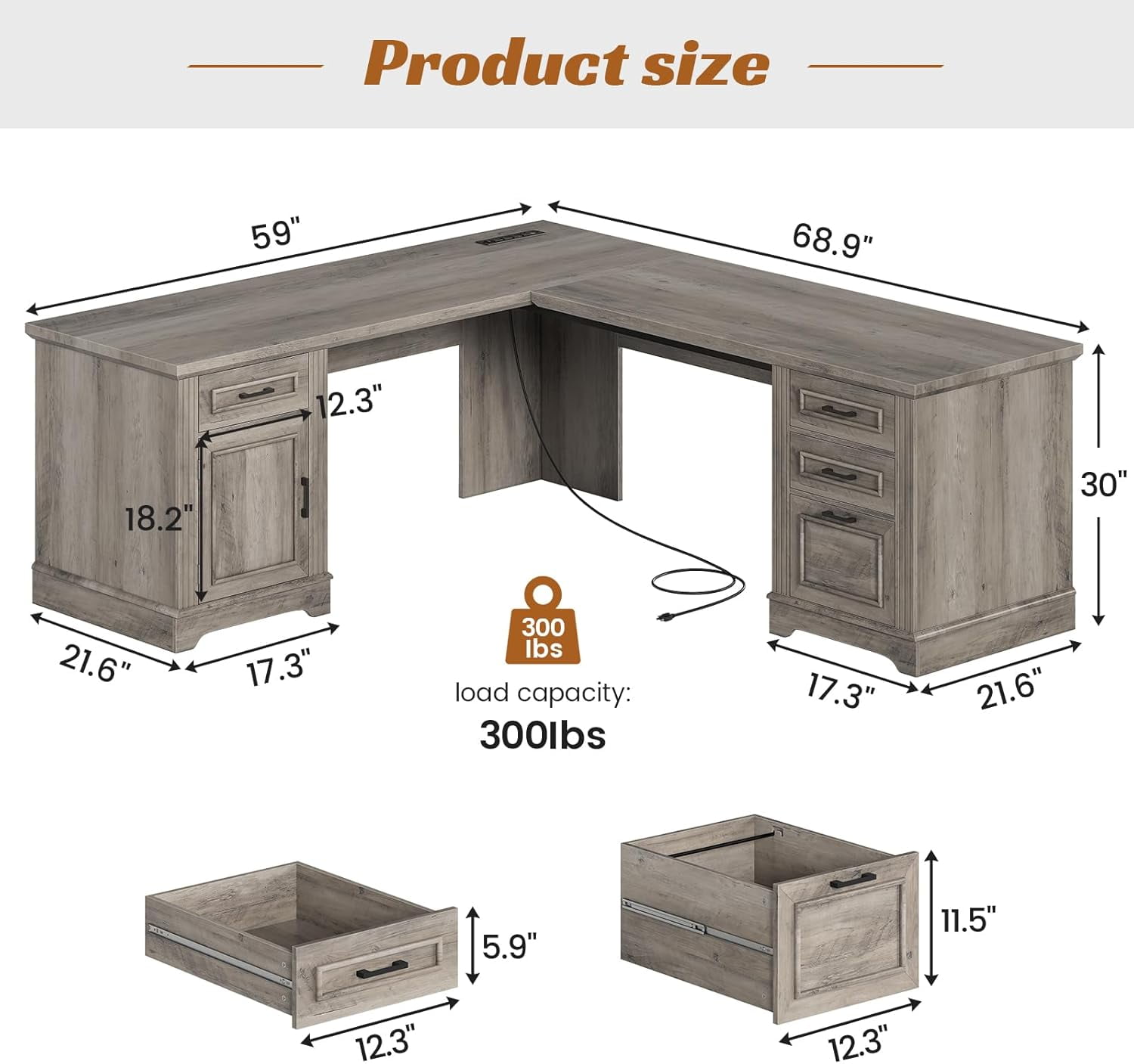 L Shaped Office Desk with Large Workspace & Charging Station, Computer Desk with 4 Drawers & Cabinet, Oak Gray