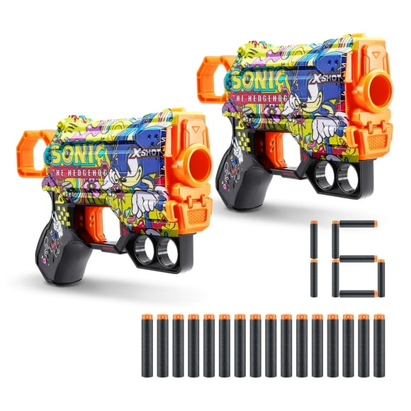 X-Shot Skins Menace - Sonic Hyper Spike (2 Pack + 16 Darts) by ZURU, Easy Reload, Air Pocket Dart Technology, Toy Foam Dart Blaster for Kids, Teens, Adults, Frustration Free Packaging