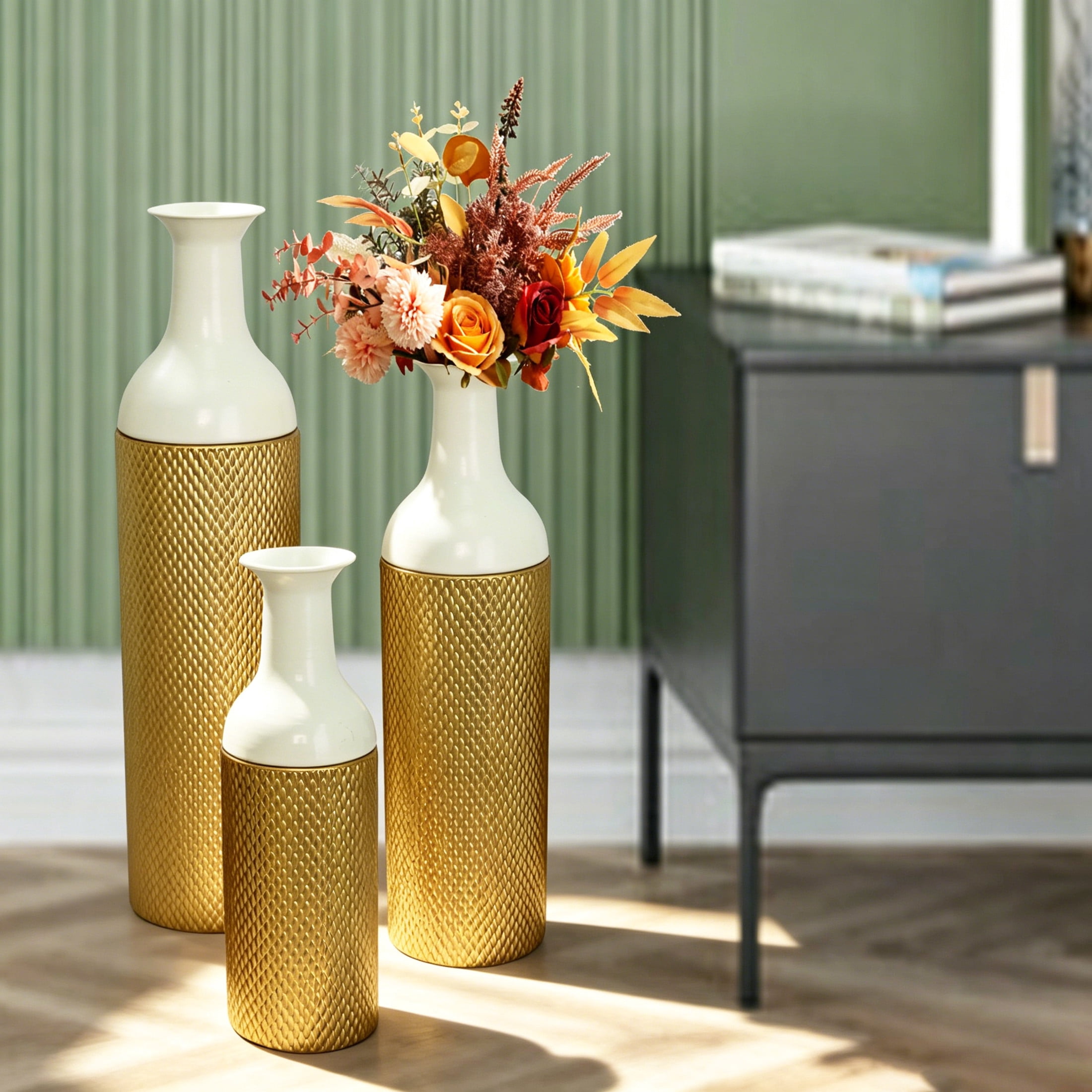 Noble House Set of 3 Decorative Metal Floor Vases, Tall Textured Vases for Home Decor, White+Gold