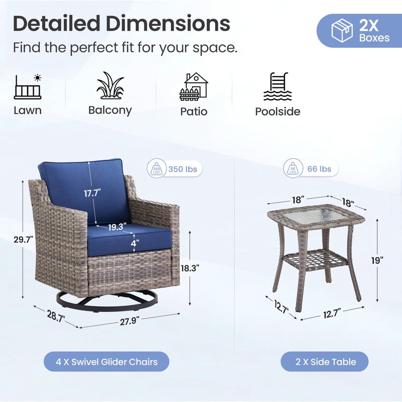 PARKWELL 6 Piece Outdoor Patio Swivel Glider Chair Set,All-Weather Rattan Conversation Set with Swivel Rocking Chair and Side Table,4-Seat Furniture Sets for Deck, Backyard,Gray/Navy