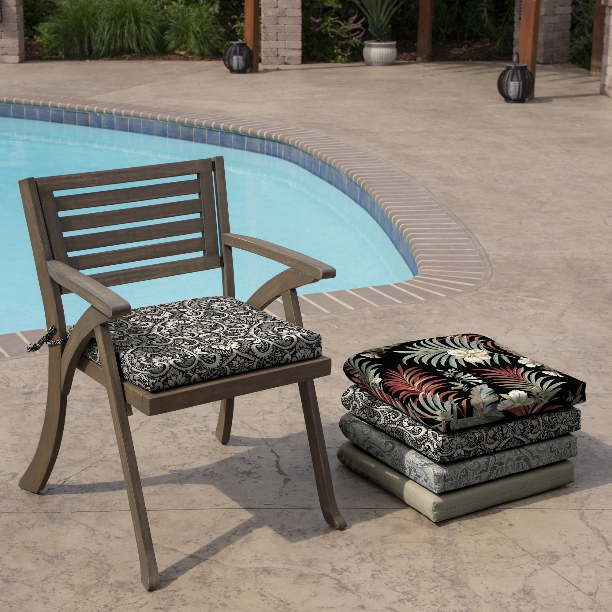ARDEN Outdoor Seat or Rocking Chair Cushion, 19 x 18, Water Repellent, Fade Resistant, Black Aurora Damask