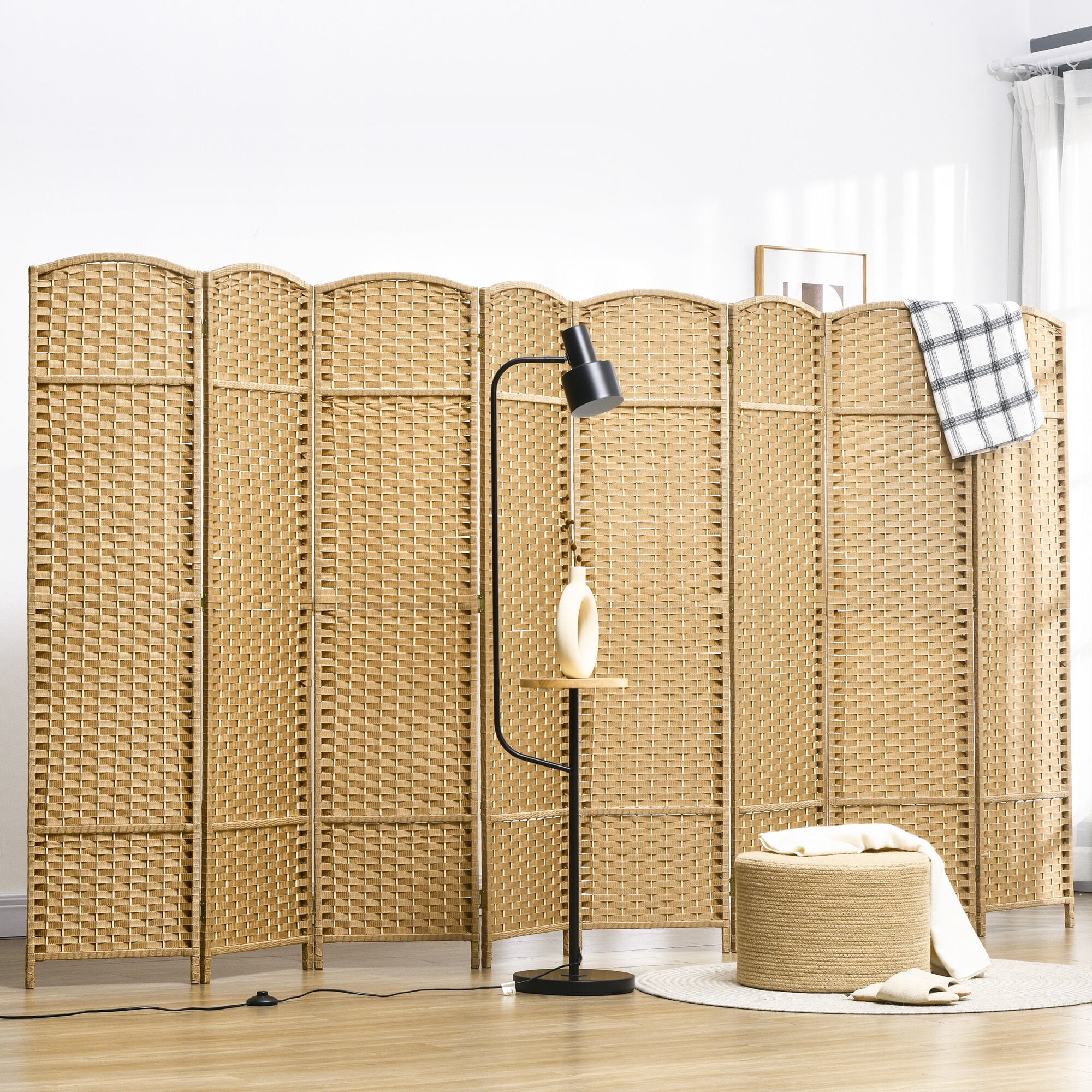 Privacy Screen HOMCOM Room Divider, 8 Panel Folding Privacy Screen, 5.6' Tall Freestanding Wall Partition for Home Office, Bedroom, Nature Wood,Outdoor Privacy Screen