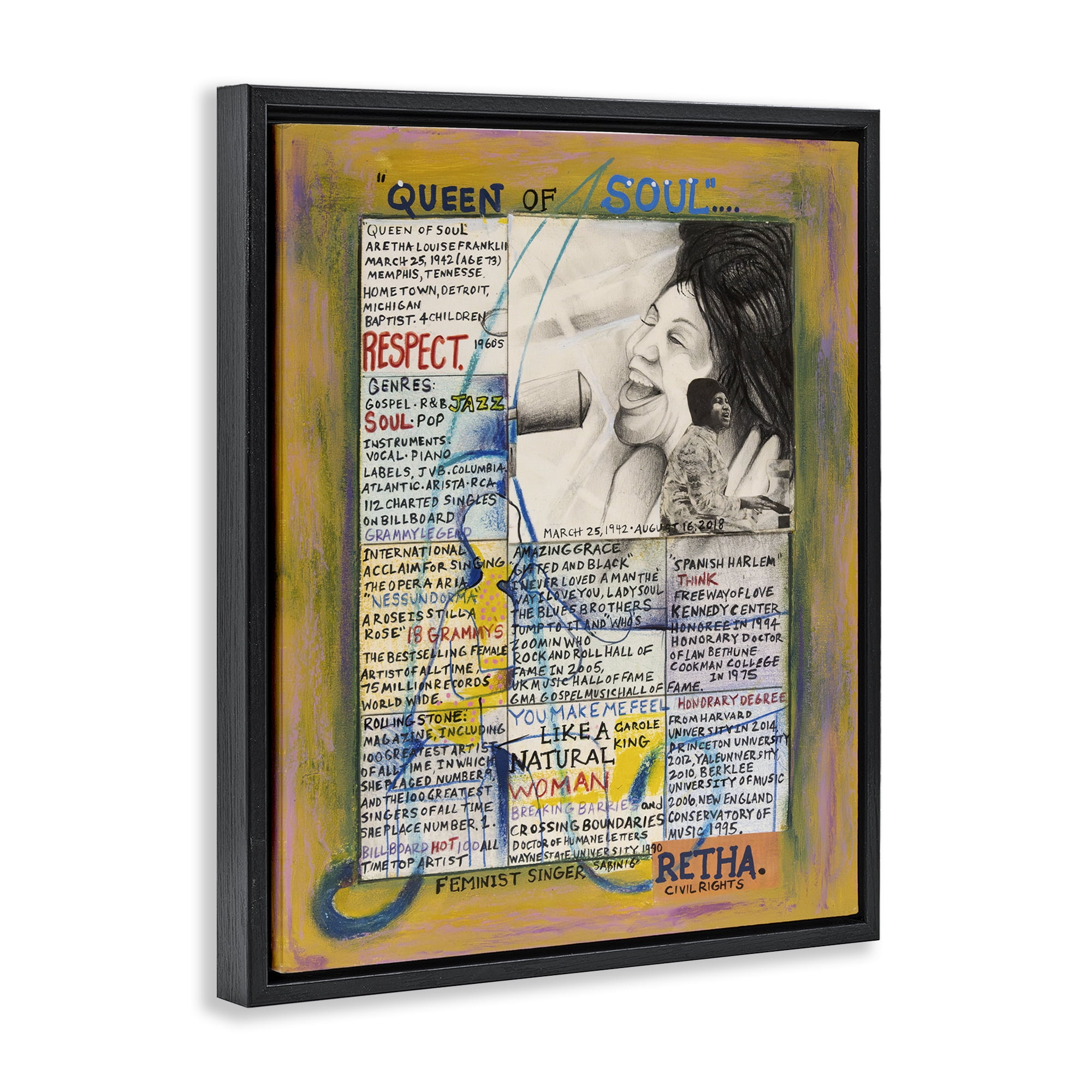 Stupell Industries Aretha Franklin Collage People Drawing Black Floater Framed Canvas Art Print Wall Art, 25 x 31