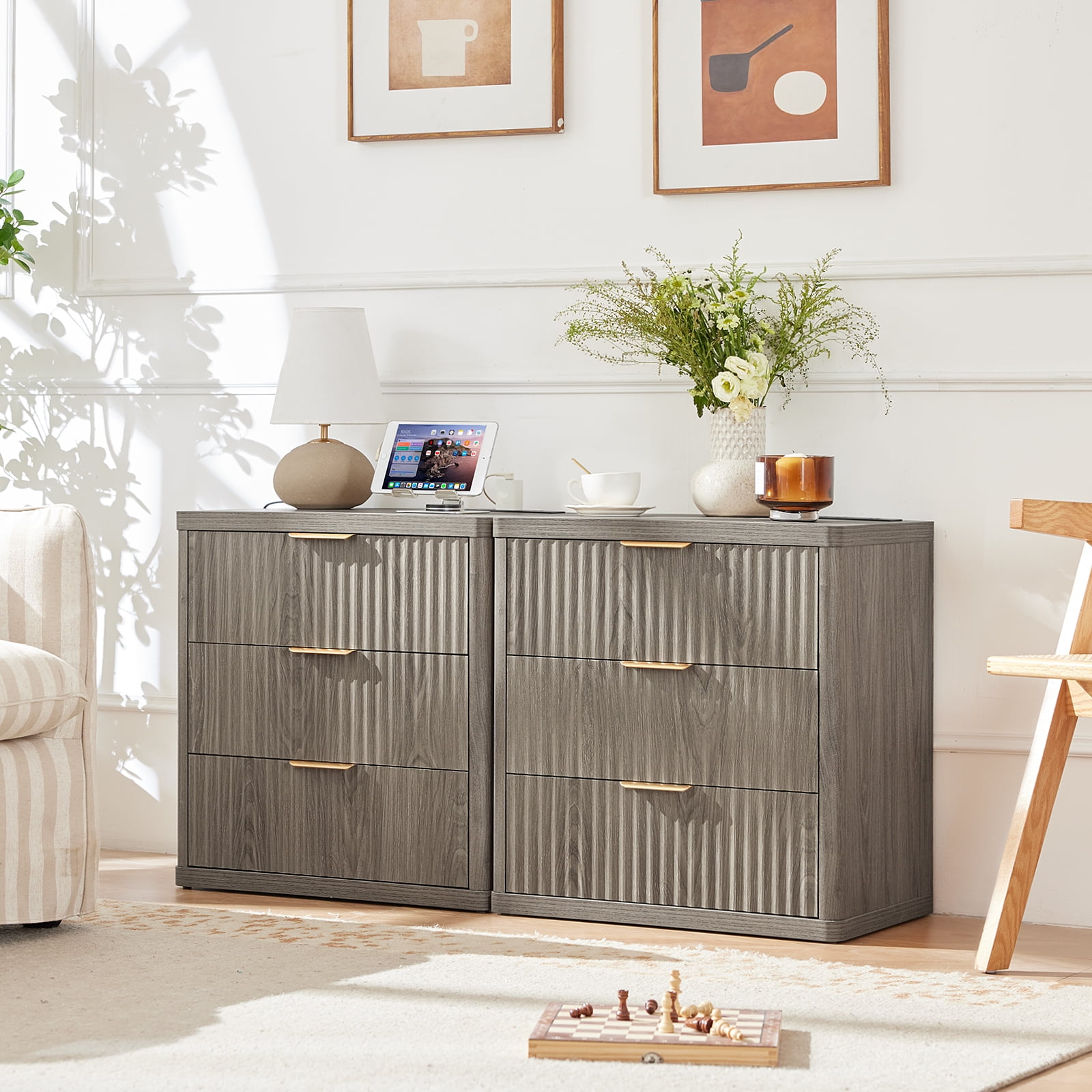 2 Pcs End Table with Charging Station, 23" Wide Sofa Side Table with 3 Drawers, Large Storage Rustic Wood Storage Cabinet for Living Room,Bedroom, Grey