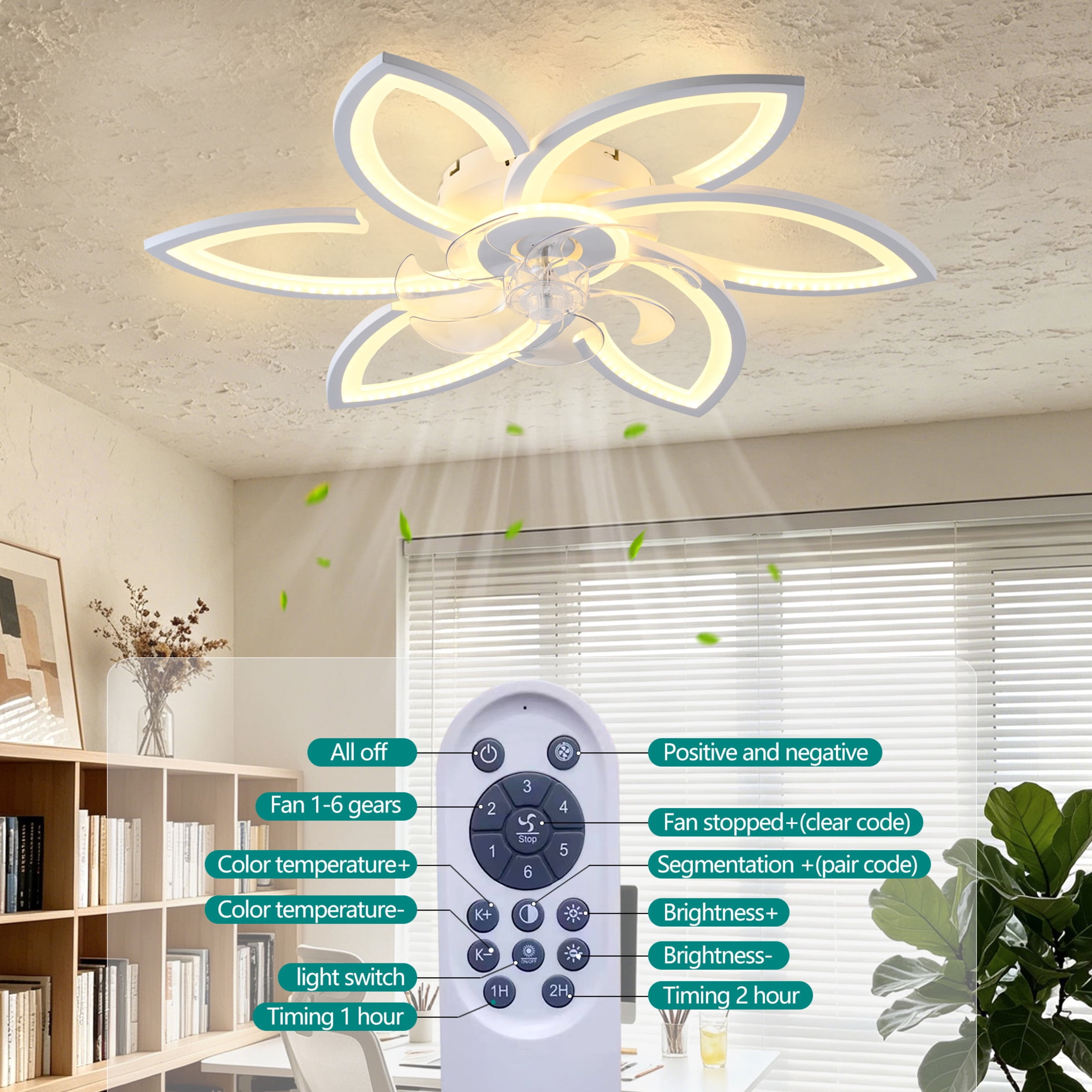 GDF Studio 6-Head Flower Ceiling Fan with LED Lights, Remote & App Control, Low Profile Fandelier for Home Decor, Black