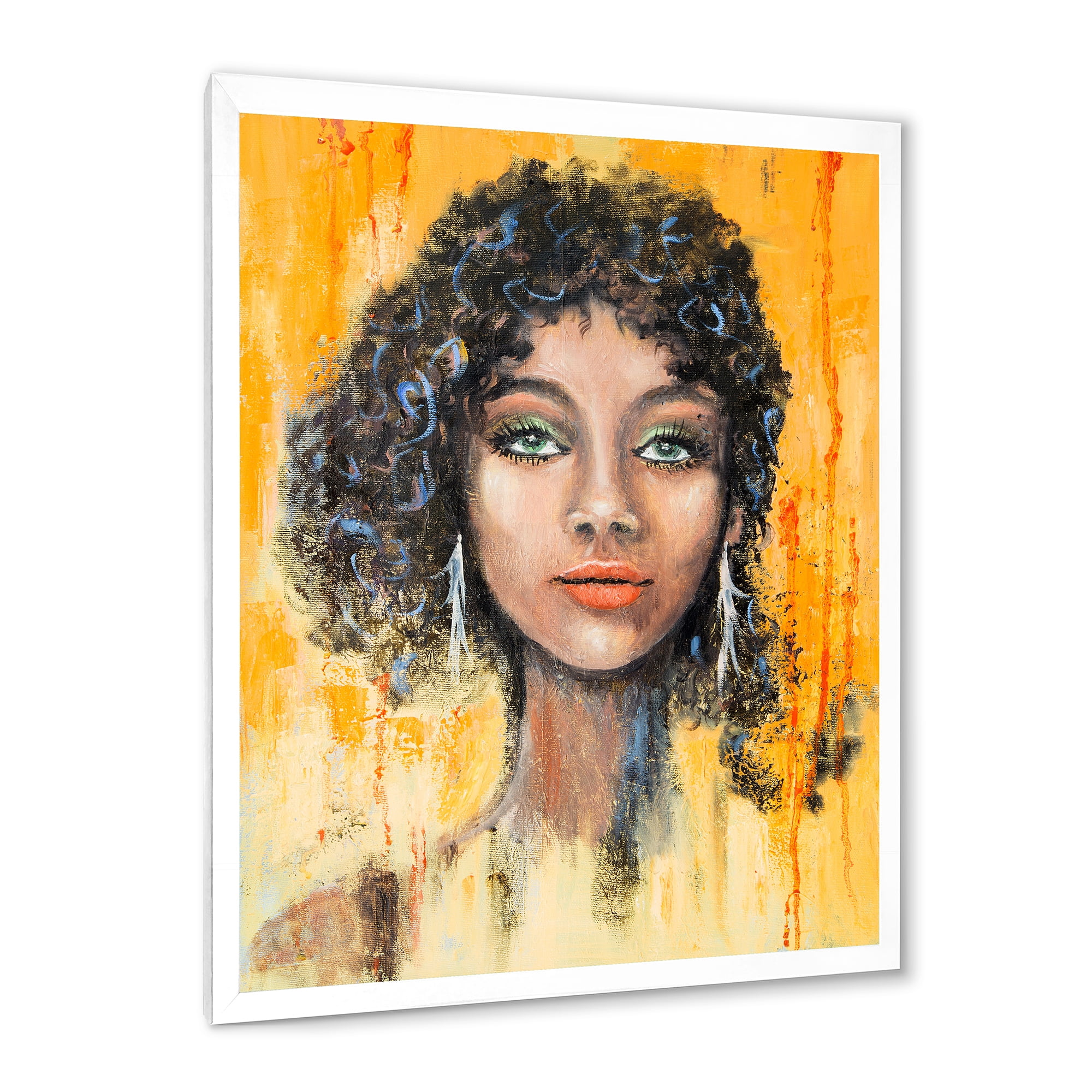 Designart 'Girl Face With Green Eyes & Black Hair Impression' Modern Framed Art Print