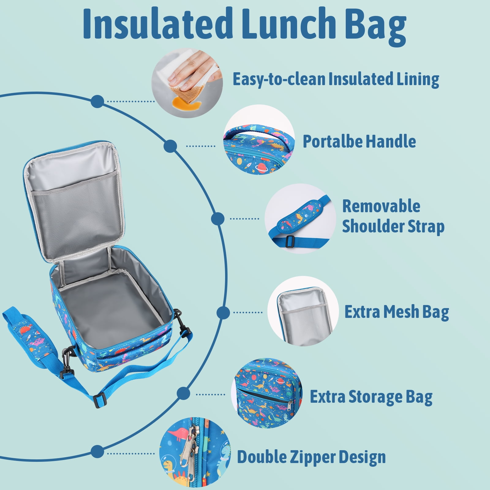 TeSabMi Bento Lunch Box for Kids Insulated Bento Box with Leak Proof Thermos Food Jar Blue Dinosaur