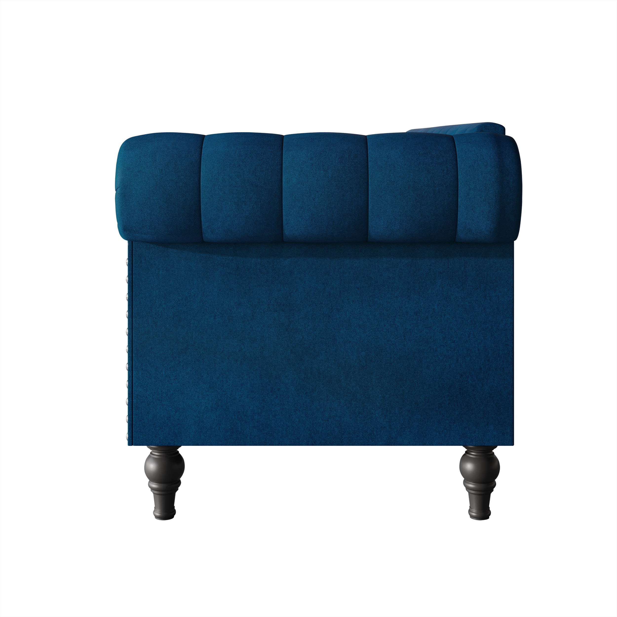 Home Design Kelso 3-Piece Velvet Living Room Set With Rolled Arm Chair, Loveseat and Sofa, Deep Button Tufting and Turned Legs, Blue