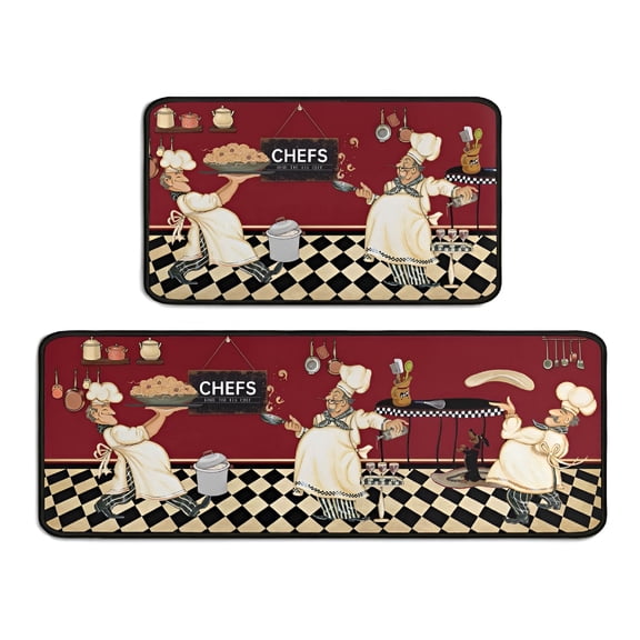 AUQ 2 Pieces Fat Chef Kitchen Rugs Set,Rustic Farmhouse Decor Kitchen Floor Mat,Water Absorb Microfiber Kitchen Rug Chef Decorations