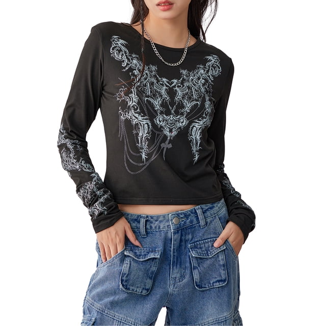 SUNSIOM T-Shirt Décontracté pour Femmes, Col Rond Manches Longues Motif Totem Vintage Haut de Base Tee Extérieur
