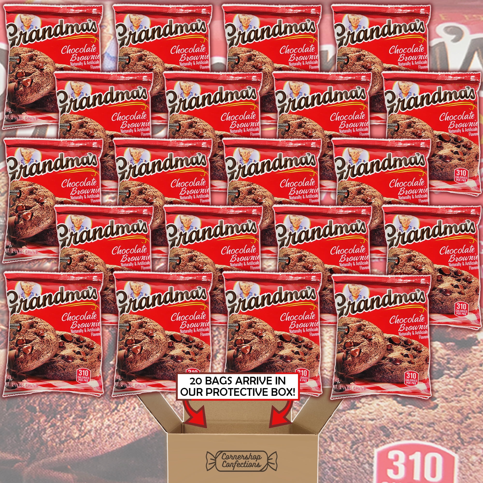 Grandma's Chocolate Brownie Cookies Bulk Pack - 20 Individually Sealed 2.5 ounce Bags, Each With 2 Large Cookies - For Birthdays, Lunchboxes, Work Snacks, Road Trips in Cornershop Confections Pack