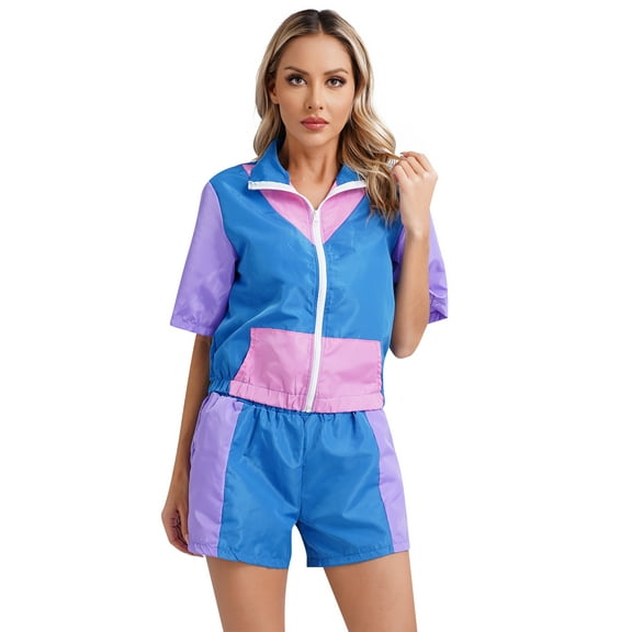 Haitryli Women's 80s Tracksuit Retro Outfits 2 Piece Zipper Front Jacket with Loose Shorts Blue XL
