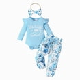thumbnail image 6 of TOWED22 Infant Baby Girl Fall Winter Clothes 3 Pieces Outfits Long Sleeve Crew Neck Cute Print Romper Jumpsuit Ribbed Flare Pants Headband Set(Sky Blue,0-3 M), 6 of 8