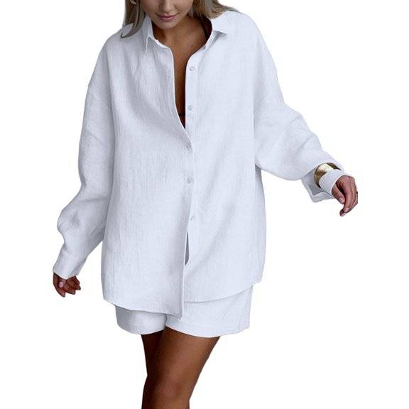 Women'S Cotton Cardigan Long Sleeve Top and Shorts Set Minimalist Solid Color Loungewear Outfit White M