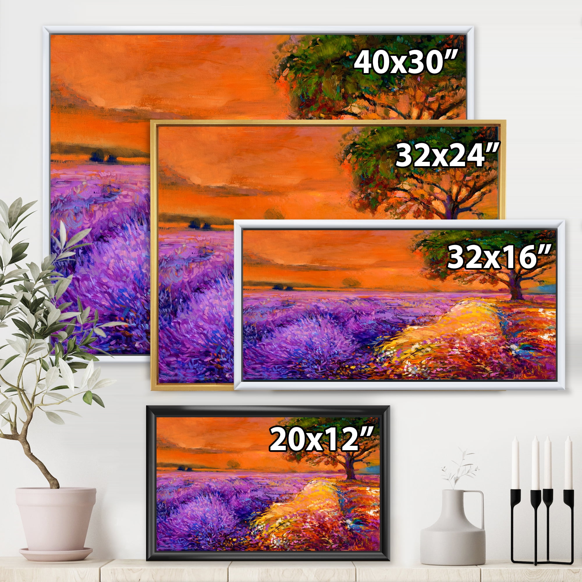 Designart 'An Orange Sunset Over Purple Lavender Fields II' Farmhouse Framed Canvas Wall Art Print