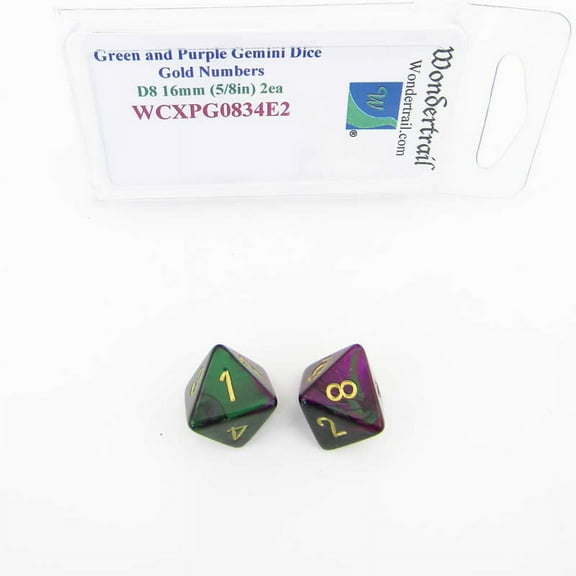 Green and Purple Gemini Dice with Gold Numbers D8 Aprox 16mm (5/8in) Pack of 2 Wondertrail