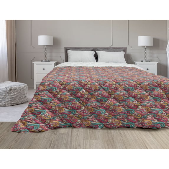 Abstract Art Down Alternative Comforter, Traditional Classic Geometric Wavy Leaf Ethnic Oriental Royal Folk Pattern, Microfiber Quilt for All Season, 5 Sizes, Yellow White, by Ambesonne