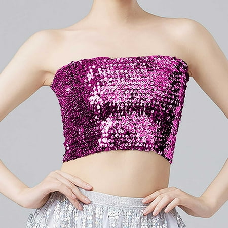 nochalofo Carnival Corset Tops  Sequin Sleeveless Crop Tube Top Fashion Mardi Holiday Womens Sparkling Sequins Stretch Clubwear Top  Pink