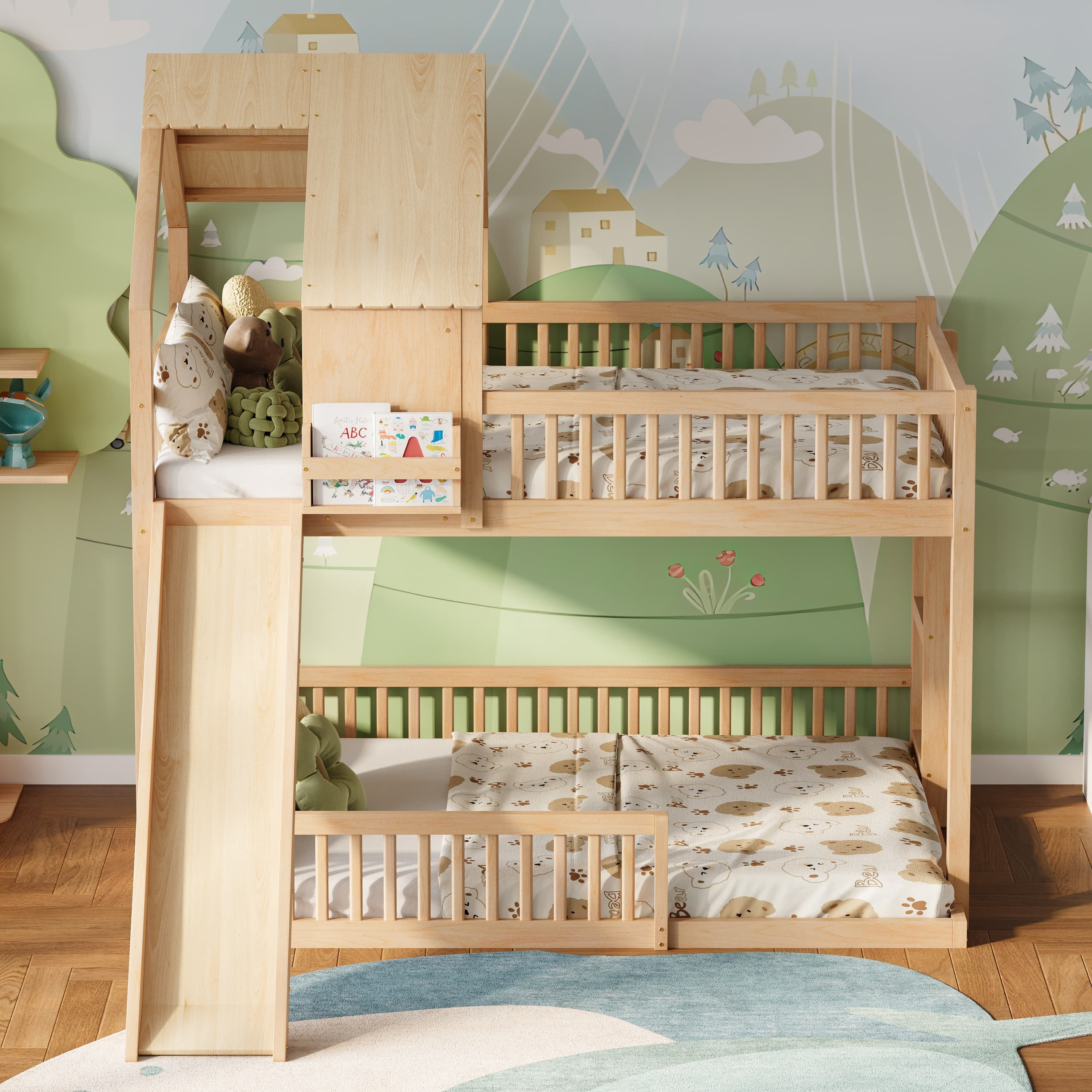 Euroco Wood Full XL over Queen Size Bunk Bed with Slide, Natural