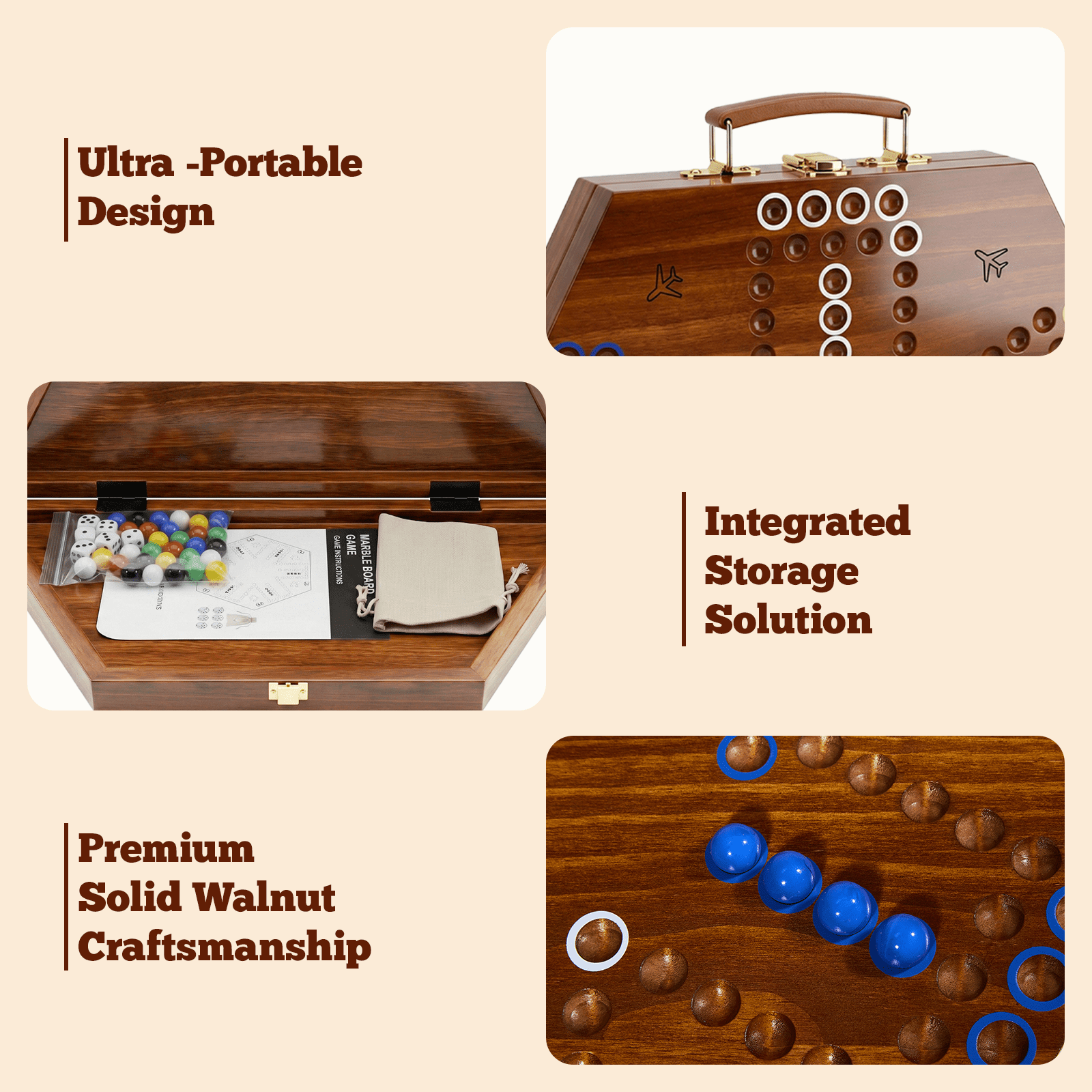 Grhonior Folding Wooden Wahoo Board Game Set Burnt Color 6 Player Integrated Accessory Storage 1 Pack Large 21 Inch