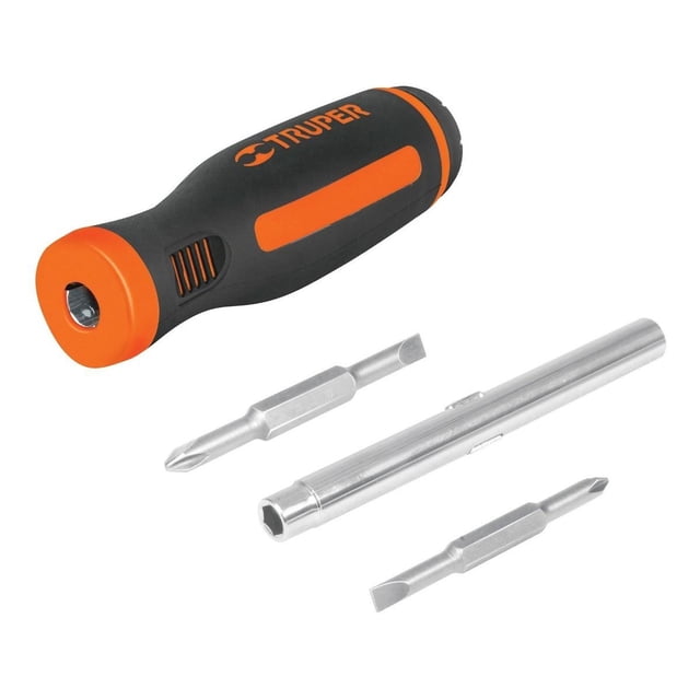 desarmador 6 en 1 con dos puntas dobles truper — atornillador manual con mango ergonómico negro y naranja con logo TRUPER, barra hexagonal plateada de 114 mm y puntas magnéticas forjadas en acero cromo vanadio: planas 1/4" (6.3 mm) y 3/16" (4.7 mm) y Phillips #1 y #2; longitud del mango 120 mm, empaque blister; también suele usarse para trabajos de mantenimiento y armado de muebles pequeños.