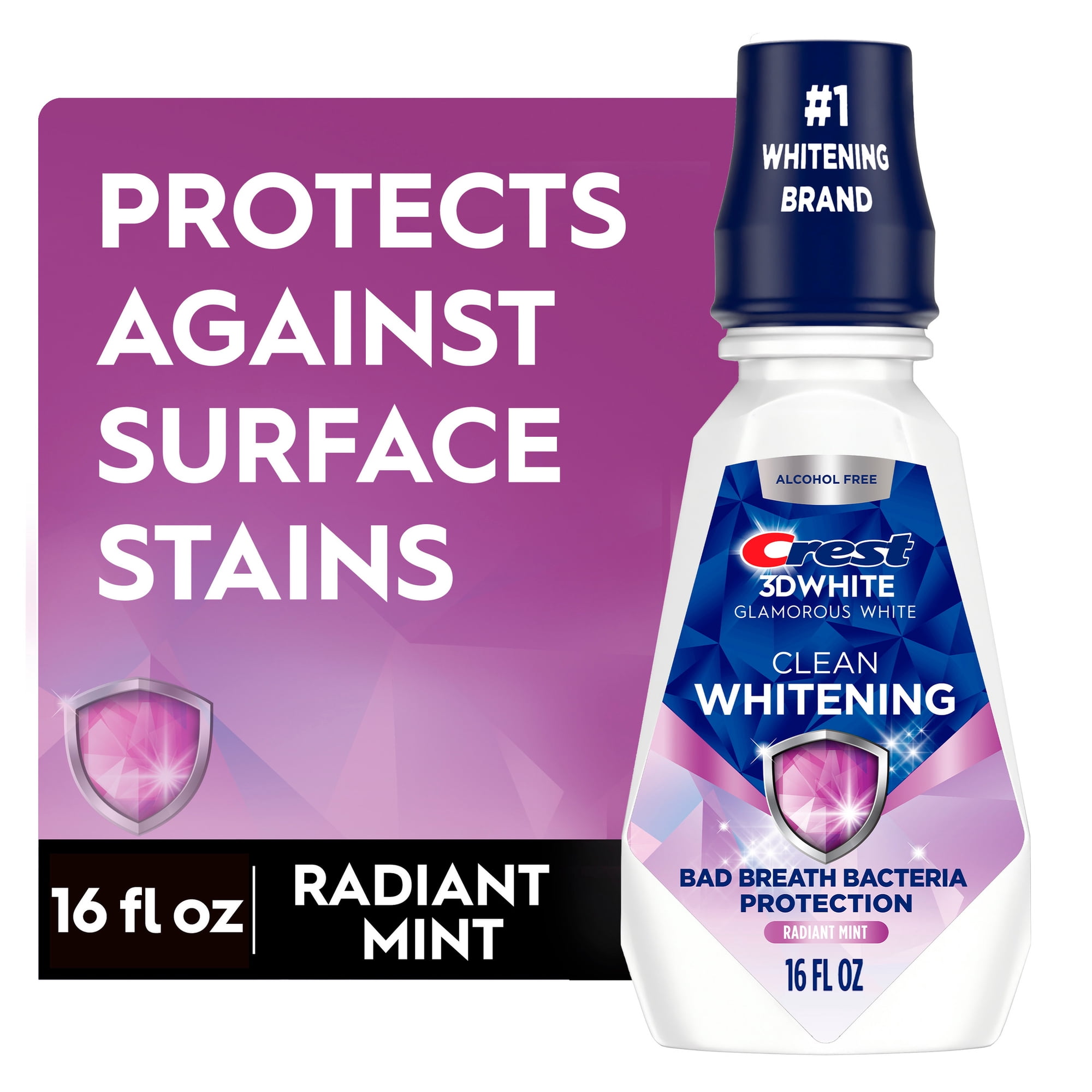 Crest 3D White Clean Whitening Mouthwash, Alcohol-Free, Mint Flavor, 16 fl oz