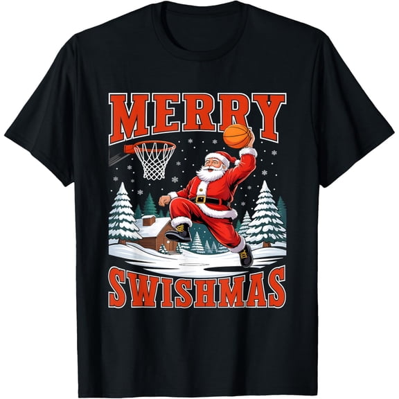 Merry Swishmas Santa Playing Basketball Christmas Men T-Shirt- American fashion hot selling casual retro high quality 100% cotton T-shirt 1 piece