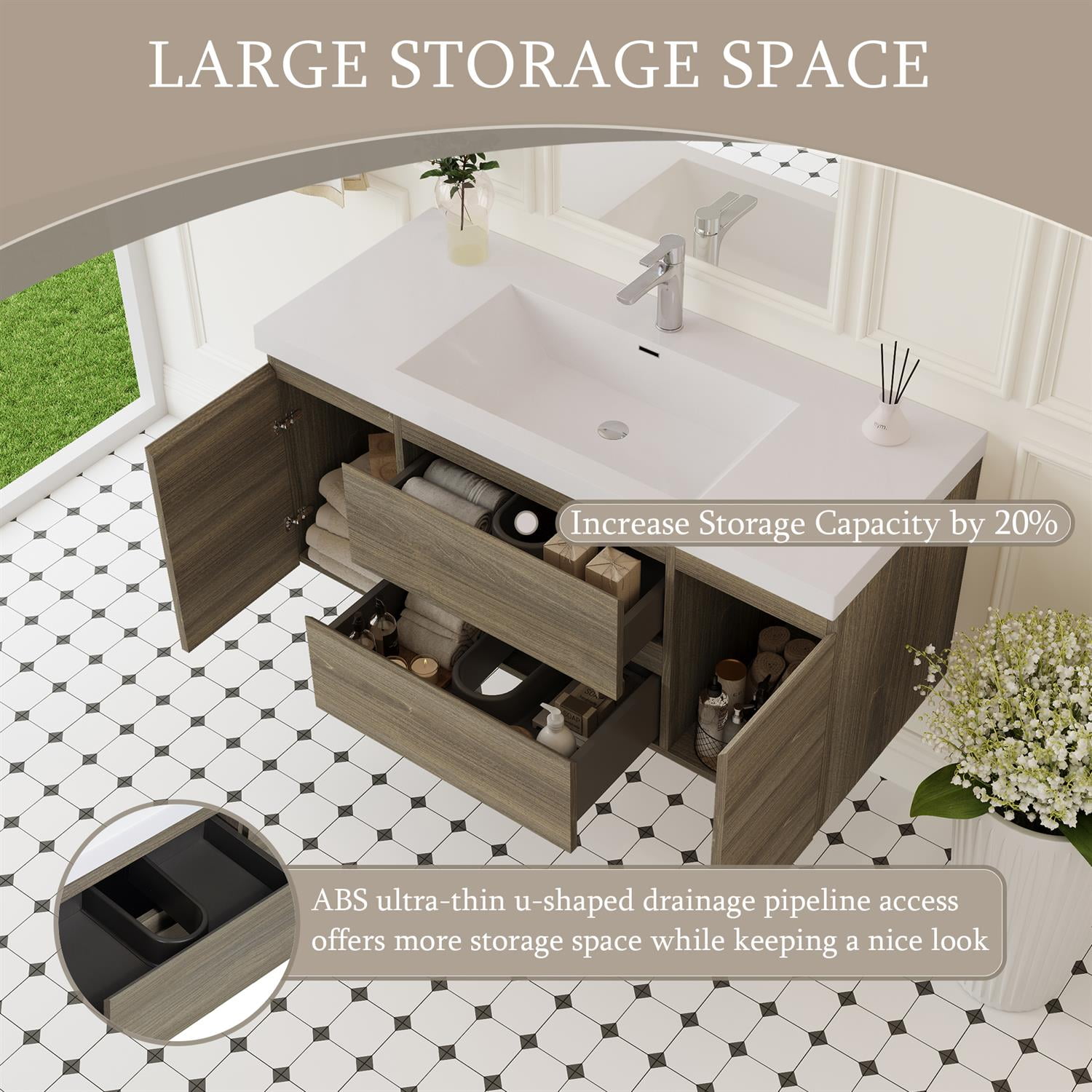 Demi Bonn 48" Floating Bathroom Vanity with Sink, Resin Top Basin and 2 Soft Close Drawers, 2 Storage Cabinet, Faucets and Drains Not Included, Gray