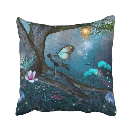 Forest Tree Face Garden - ARTJIA Fantasy Enchanted Tree in the Middle of Blue Forest Magic Garden Nature Tale Mushroom Pillowcase 20x20 inch