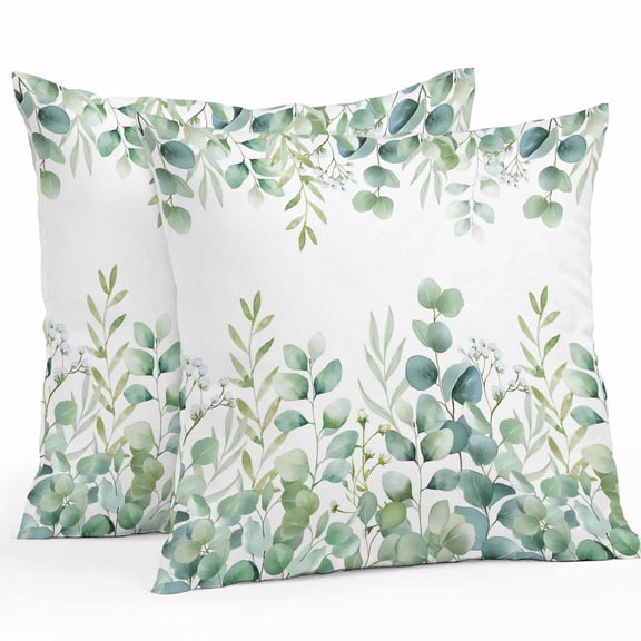 Sage Green Eucalyptus Throw Pillow Covers 18x18 Inch Set of 2, Farmhouse Botanical Leaves Waterproof Outdoor Pillow Covers, Decorative Cushion Pillowcases for Couch, Sofa, Bed, Garden, Patio