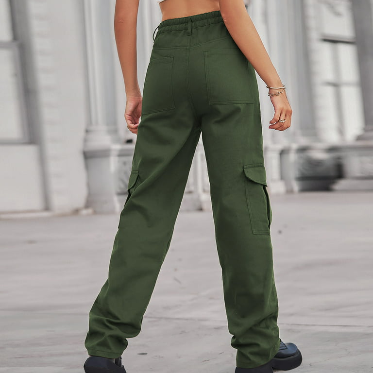 RQYYD Women's Cargo Pants High Waist Stretch Jeans Wide Leg Baggy Pockets  Solid Casual Lightweight Straight Y2K Pants(Army Green,S)