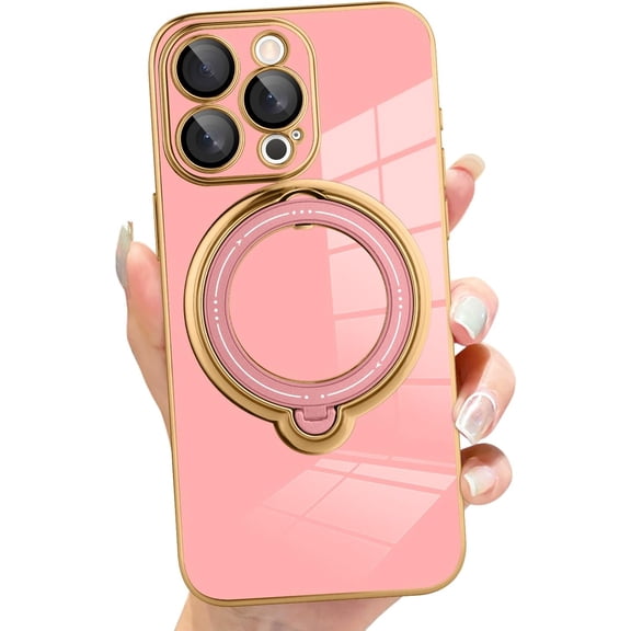 for iPhone 15 Pro Max Case with Magnetic Stand [Compatible with MagSafe] Luxury Plating Kickstand Shockproof Soft TPU Full Camera Protection Phone Case for iPhone 15 Promax-Pink