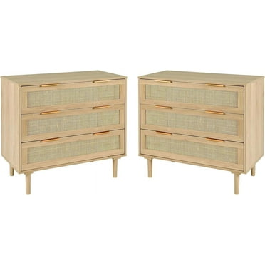 LAZZO 3 Drawer Dresser for Bedroom, Rattan Dresser, 2PCS，Wood Oak