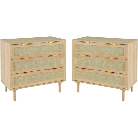 LAZZO 3 Drawer Dresser for Bedroom, Rattan Dresser, 2PCS，Wood Oak