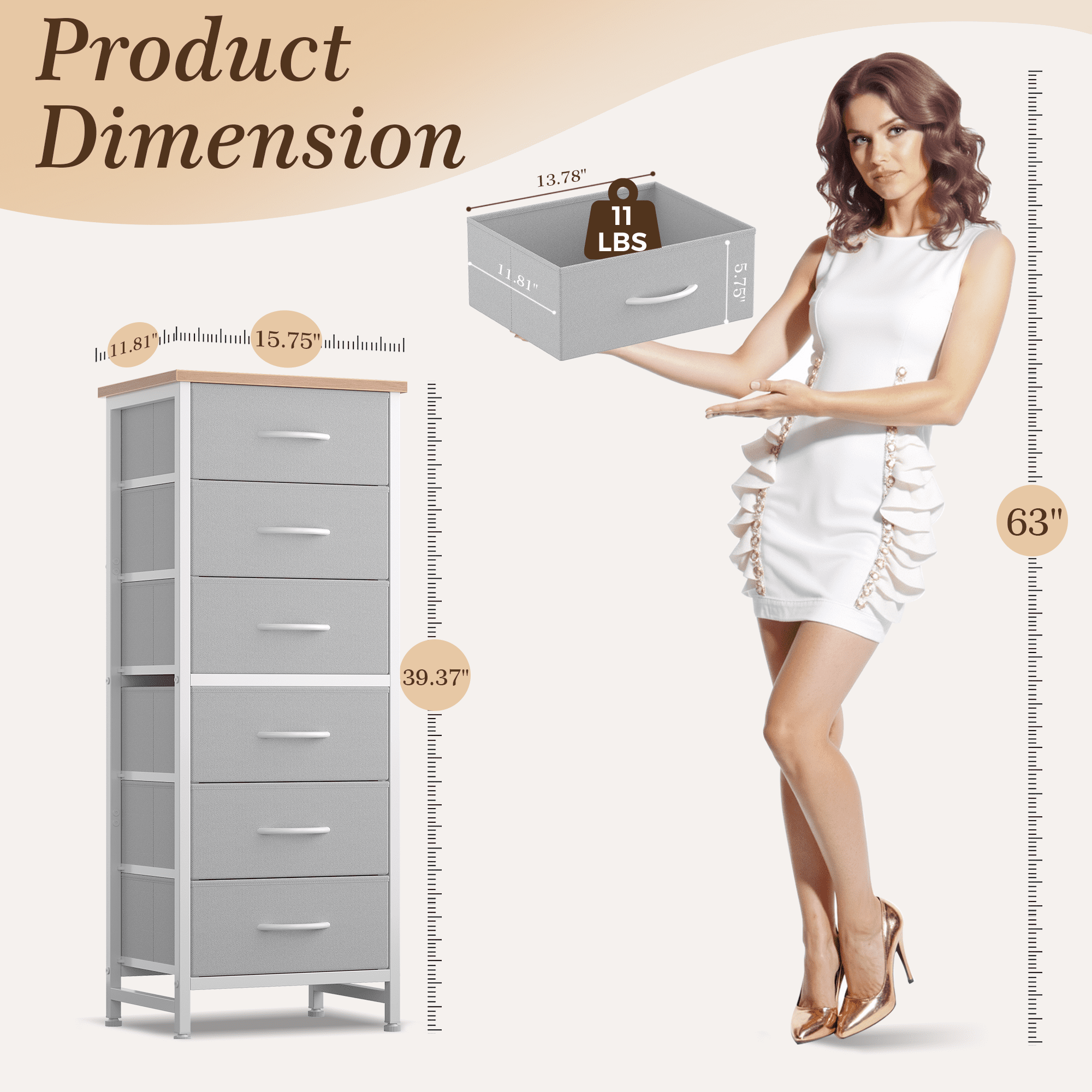 CONCETTA Tall Storage Dresser with 6 Fabric Drawers, Metal Frame with Cross Support Rods, Anti-Tip, Wood Top for Bedrooms, Offices and Compact Spaces, Light Gray