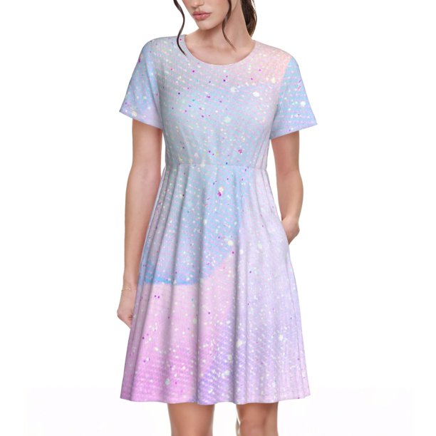 Easygdp Rainbow Unicorn Party para Vestido Transpirable de Mujer, Vestido Suelto de Manga Corta con Pliegues y Bolsillos para el Verano