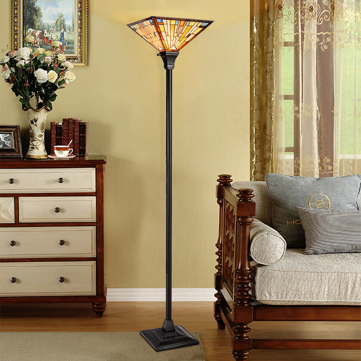 Gymax Tiffany Style Mission 1 Light Torchiere Floor Lamp w/ 14&39;&39; Shade ...