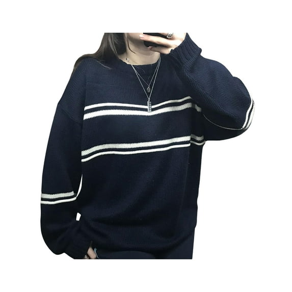 Seyurigaoka Women's Drop Shoulder Sweater Shirts Classic Stripe Print Long Sleeve Round Neck Casual Loose Pullover Tops for Autumn Winter