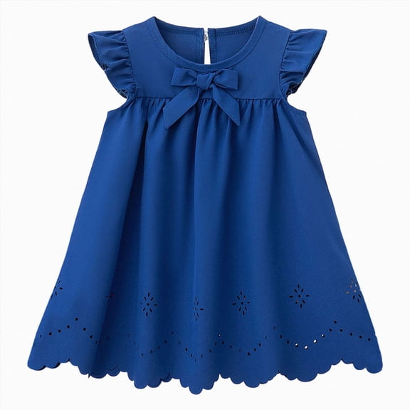 Splozh Little Girl Dresses 6 9 12 18 24 Months 2T 3T Girl Dresses Solid Color Short Sleeve Bubble Sleeve Dress Round Neck Casual Summer Dress,Blue,12-18 Months