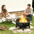 thumbnail image 3 of 32 Inch Round Fire Pit with Mesh Cover, Fire Poker, Star and Moon Design, Metal Wood Burning Outdoor Firepit for Patio, Backyard, Garden, Bonfire Party, Perfect for Thanksgiving, Halloween, 3 of 7