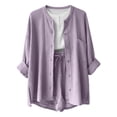 thumbnail image 4 of Idoravan Womens Sets 2 Piece Outfits Women's Summer Two Piece Neck Long Sleeve Button up Shirts with Pocket High Waist Drawstring Large Shorts Casual Set, 4 of 5