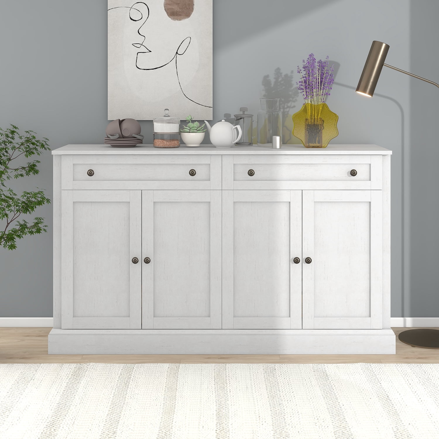 Kadyn Kitchen Sideboard Storage Buffet Cabinet, Modern Farmhouse Storage Cabinet with 2 Drawers & 4 Doors, Floor Cabinet Cupboard for Dining Room, Antique White Kadyn Kitchen Sideboard Storage Buffet Cabinet, Modern Farmhouse Storage Cabinet with 2 Drawers & 4 Doors, Floor Cabinet Cupboard for Dining Room, Antique White