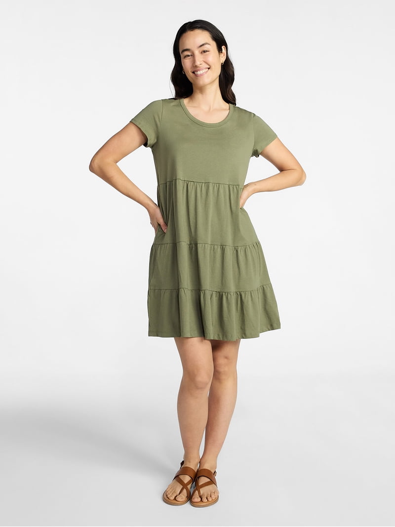Time and Tru Women's Tiered Cotton Mini Dress with Short Sleeves, Sizes Xs-xxxl, Green