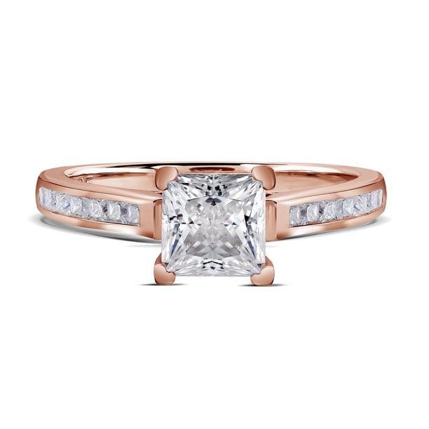 JeenMata Anillo de Bodas de Corte Princesa de 1,75 Quilates - Anillo de Promesa - Anillo con Canal Pavé - Anillo con Puntas - Anillo de Compromiso - Baño de Oro Rosa de 18 K sobre Plata